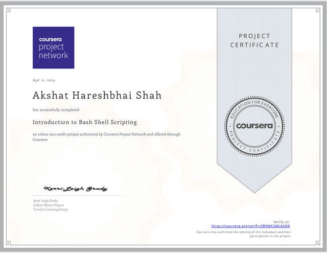 Coursera - Introduction to Bash Shell Scripting (Project Certificate) - 2024